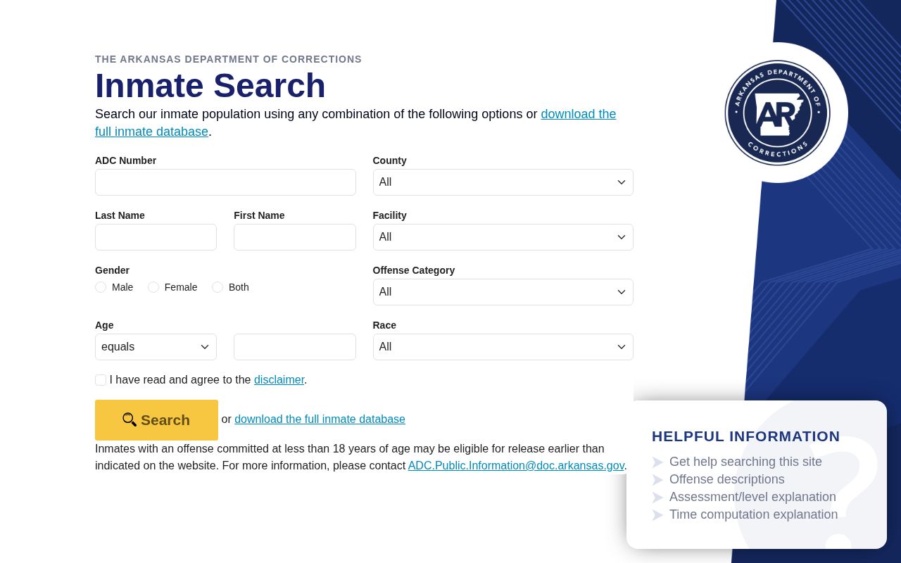 Arkansas Division of Correction official inmate search interface