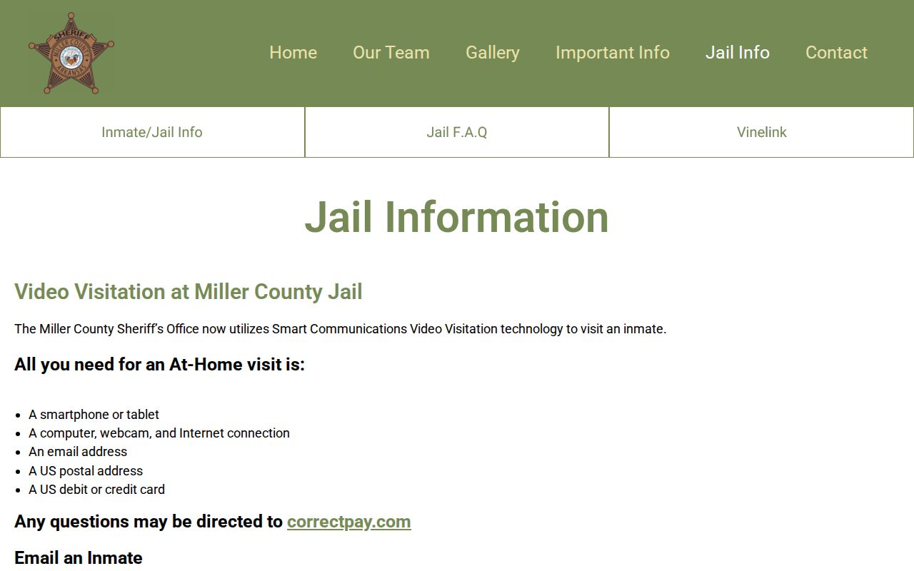 Miller County Sheriff Jail Info page with detention contact and facility guidance
