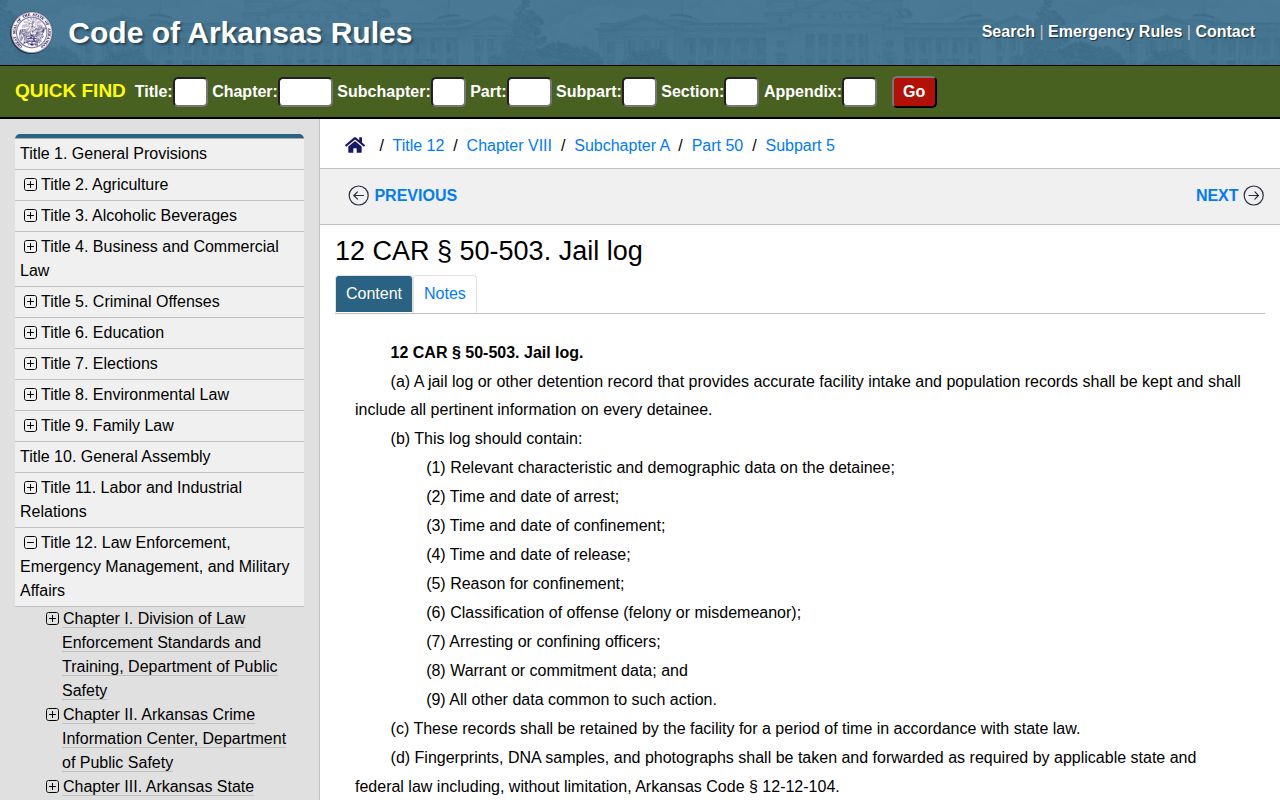 Arkansas jail-log rule applicable to Miller County detention records